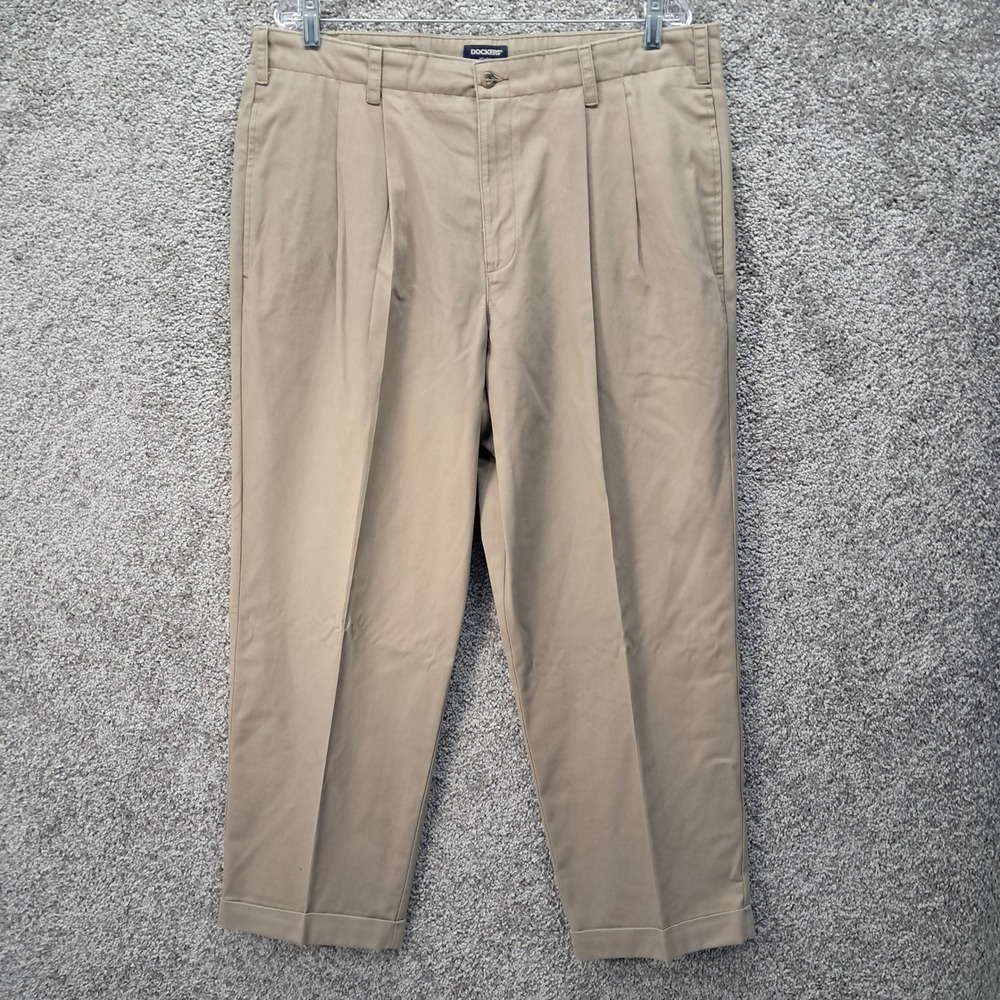 Dockers Mens Pleated Gabardine Khakis Relaxed Fit Tan Chino Pants 38x29
